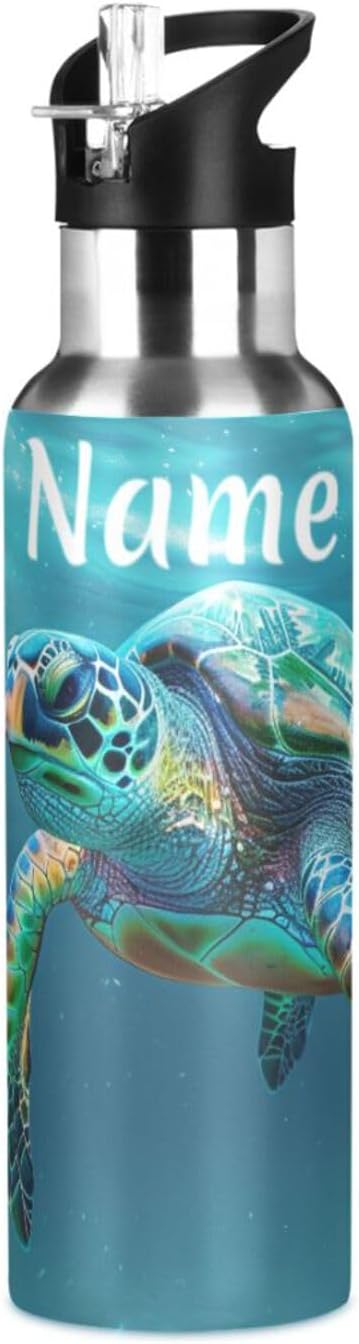Custom Name Turtle Teal Underwater Water Bottle with Straw Lid Kids Insulated Stainless Steel Water Flask Sports, 20 Oz Hot Cold