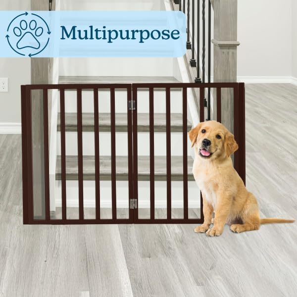 Pet Gate - 4-Panel Indoor Foldable Dog Fence for Stairs, Hallways or Doorways - 72x24-Inch Retractable Wood Freestanding Dog Gates by PETMAKER (Brown) | Foldable Dog Fence with Accordion Design, Wooden Safety Pet Fence for Stairs, Hallways, Doorways, a...