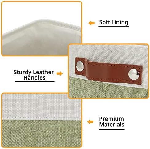 DULLEMELO Small Storage Basket, Fabric Collapsible Gift Storage Basket for Shelves, Closets, Nursery, Home, Office Organizing, Small Canvas Linen Rectangular Storage Bin with Handles (White&Green)