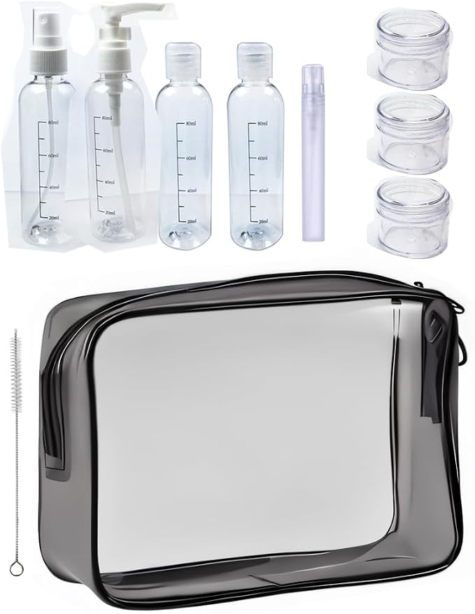 Clear Travel Toiletry Bag TSA Approved Toiletry Cosmetic Bags Men Women & Travel Bottles set for Toiletries TSA Approved Travel Bottle 3.4 oz Leak Proof Refillable & Travel Containers for Toiletries