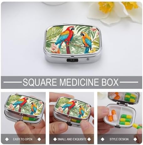 Pill Organizer, Portable Pill Box, Travel 7 Day Pillcase Tropical Plants and Parrots Medicine Organizer 2 Compartments Medicine Container for Vitamins, Medications, Fish Oil and Supplements