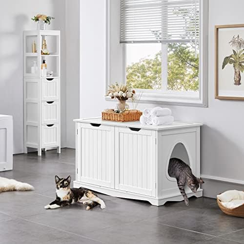 Yaheetech Cat Litter Box Enclosure, Box Cabinet Hidden, Wooden Pet Crate Kitty Washroom Storage Bench with Divider Home Litter Loo Indoor Cat House White