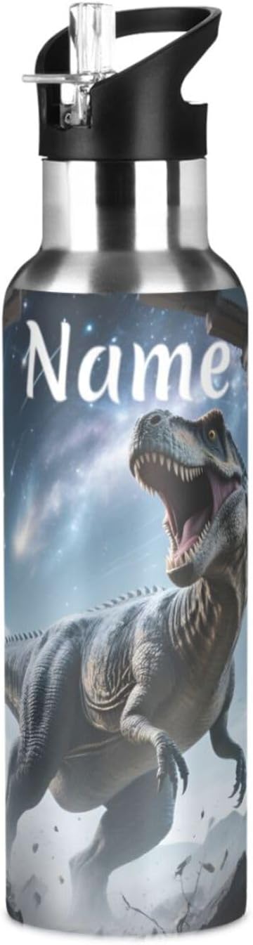 Custom Name Dinosaur Galaxy Track Wall Water Bottle with Straw Lid Kids Insulated Stainless Steel Water Flask Sports, 20 Oz Hot Cold