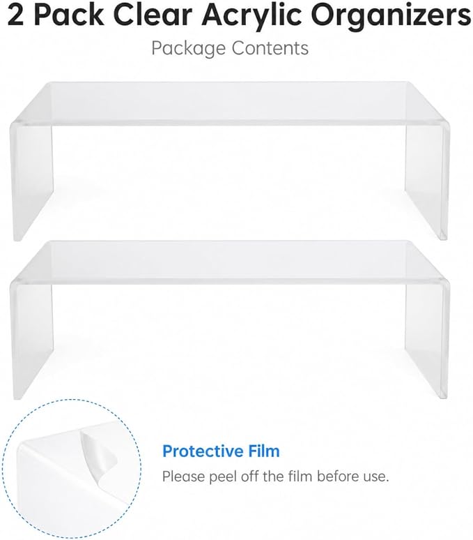 2 Pack Acrylic Medicine Cabinet Organizer Clear Shelves 2 Sizes | Includes 1 Small 11.4 x 3 x 3.7 Inch and 1 Large 11.4 x 3 x 5.1 Inch Shelf with 2 Non Slip Pads