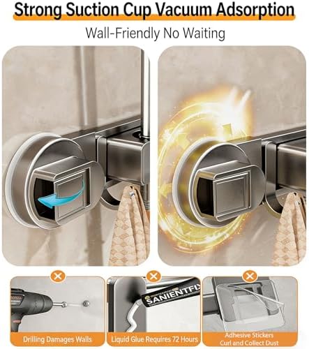 Duty Aluminum Suction Broom Holder for Bathroom Garage Without Drilling Needed Multi Hook Bathroom Planner