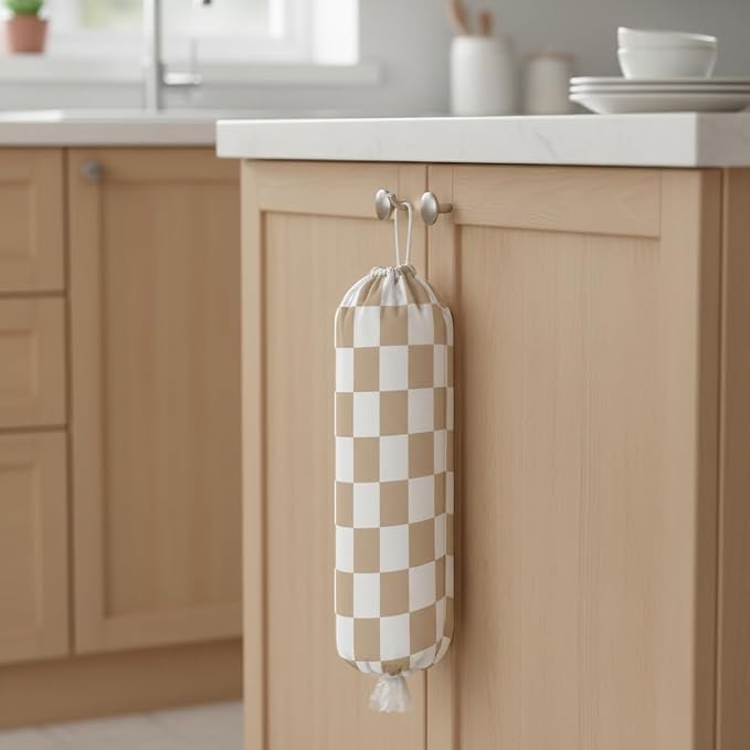 Plastic Bag Holder, Wall Mount Plastic Bag Organizer Dispenser Reusable Grocery Bag Organizer for Home Kitchen(Brown Checkered)
