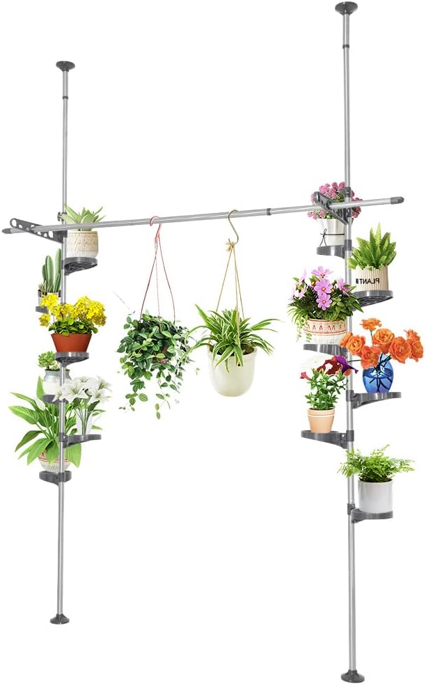 Plant Stand Floor to Ceiling-12 Trays Flower Pot Holder Tension Rod Grey | Indoor Telescopic Display Rack with 2 Hooks & Drying Rod | Adjustable Storage Organizer for Home Garden Decor | BAOYOUNI
