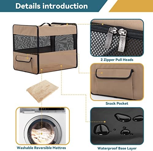 PETSFIT Collapsible Dog Crate, Dog Travel Crate - 24 Inch with Thicken Mat, Easy to Fold, Sturdy and Portable, Perfect for Traveling, Soft Sided Dog Crate Khaki