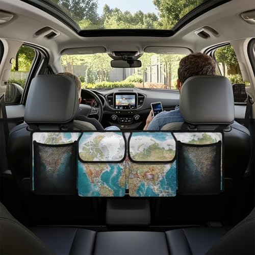 World Map Car Trunk Organizer Car Backseat Storage Bag with 4 Pockets Hanging Trunk Cargo Storage Universal Auto Accessories for Sedans SUV Trucks Van