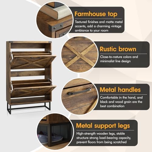Maupvit 24" W Farmhouse Shoe Cabinet Storage for Entryway, Freestanding Organizer with 2 Flip Drawers, Narrow Shoe Rack Cabinet with Metal Corner Decoration, Rustic Brown