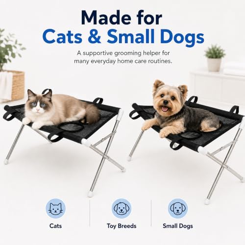 Foldable Pet Bathing Stand, Pet Grooming Hammock with Quick-Dry Mesh, 8-Hole Design, Metal Frame & Securing Strap for Small Dogs Cats Washing, Nail Trimming, Brushing (Blue)