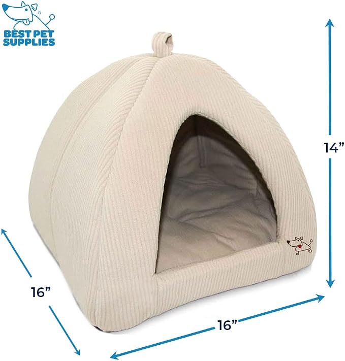 Best Pet Supplies Cat Bed for Indoor Cat, Domed Tent House with Removable Pillow, Covered Cat Cave for Small Dog, Puppies and All Breeds of Cats - Corduroy Beige, 16 x 16 x H:14"