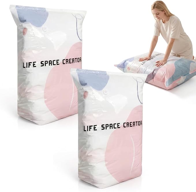 No-Pump Vacuum Storage Bags, 2026 New Reusable Space Saver Bags, 3-Sec Fast Compression, Air Tight Compression Storage Bags for Clothes, for Clothes, Comforters, Blankets (2PCS, Large)