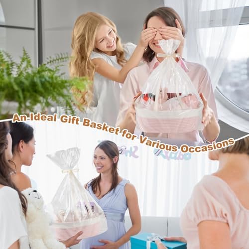 OIAHOMY Gift Basket Empty with Handle, 13.4"x 10"x 5.5" Small Woven Basket with Gift Bag, Ribbon and Wrap Tissue Paper, Dog Toy Storage for Organizing - Pink & White