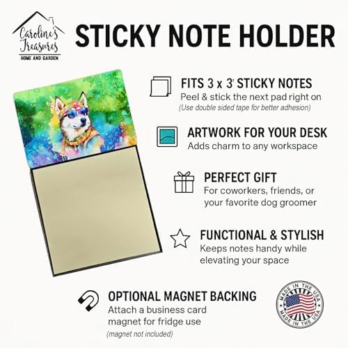 Caroline's Treasures Siberian Husky Hippie Dawg Sticky Note Holder Refillable Dispenser Self-Sticky Note Pads, Memo Pads Blank Desk Accessories