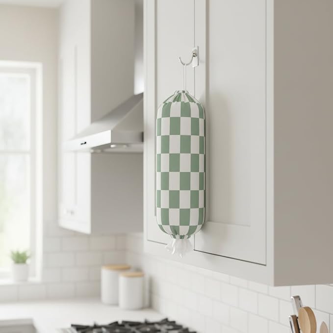Plastic Bag Holder, Wall Mount Plastic Bag Organizer Dispenser Reusable Grocery Bag Organizer for Home Kitchen(Green Checkered)