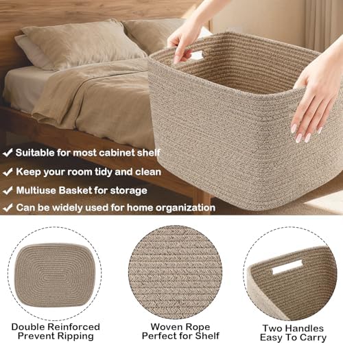 3 Pack Woven Baskets,Storage Baskets for Shelves with Handles | 13.5"×11"×9.5", Closet Baskets, Nursery Organizer for Toys Towels Books, Storage Bin for Living Room Bedroom (Mixed Brown)