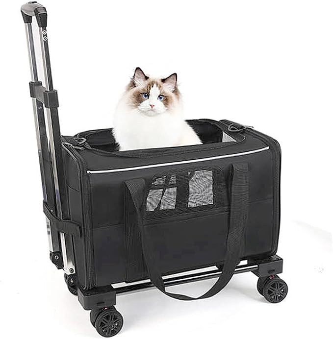 Pet Trolley Bag, Detachable Rolling Carrier for Small Dogs Cats | Portable Pet Travel with Telescopic Handle and Shoulder Strap, for Airplane Car (Black with white edges)