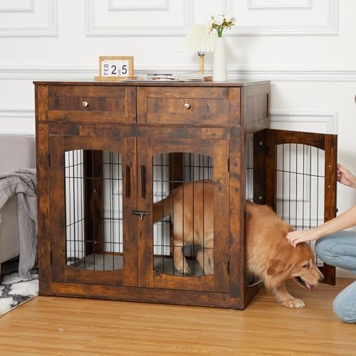 40'' Wooden Dog Crate Furniture, Farmhouse Dog Kennel Indoor Furniture Style Dogs Crate Table with 2 Drawers for Small, Medium & Large Dogs Brown
