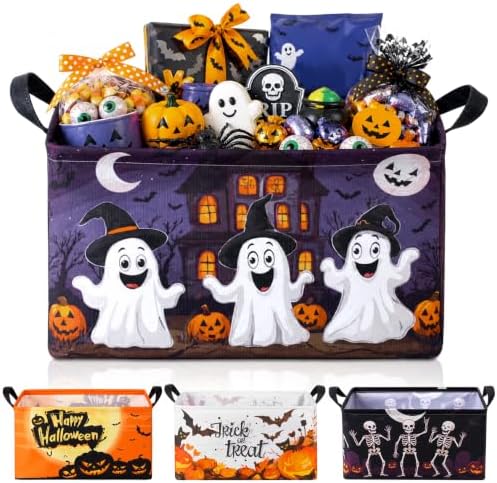 Breling 4 Pcs Halloween Baskets Boo Basket Gift Pumpkin Skull Ghost Baskets with Handles Large Collapsible Storage Bins Boxes for Trick or Treat Gifts Laundry Shelves Home Storage, 15 x 10 x 8 in