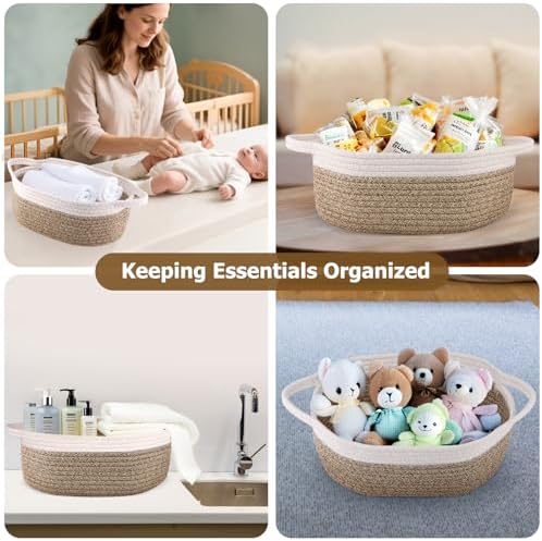 Small Woven Basket, 12" x 8" x 5" Gift Basket Empty with Ribbon and Gift Bag, Rope Basket for Baby Shower, Holiday Presents,Storage Basket with Handle for Nursery,Pet Toy Basket (White-Brown)