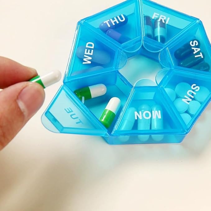 4X Travel Pill Organizer, Small Weekly Portable Pill Box Dispenser | 7 Compartments Weekly Medicine Vitamin Supplement Holder Reminder, Arthritis-Friendly (Black, Yellow, Green, Transparent)