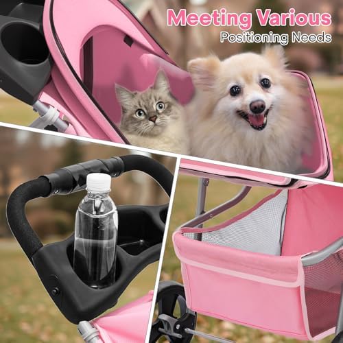 Foldable 3-Wheel Pet Stroller for Small/Medium Dogs & Cats, Pink | Storage Basket & Cup Holder, Breathable Mesh Cover, Lightweight and Durable, for Small to Medium Pets, up to 33 lbs