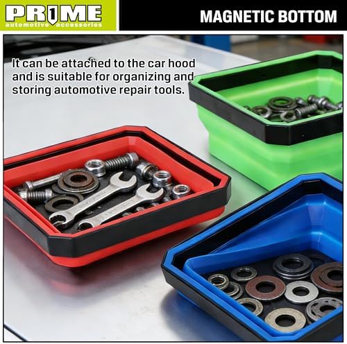 PR1ME Collapsible Magnetic Parts Tray Set, Foldable Magnetic Tray, 3 Pieces 4.25 inch Square Silicone Bowls with Magnetic Base Stores and Organizes Small Parts and Tools