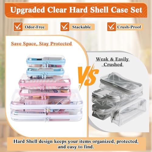 6Pcs Clear Hard Shell Zipper Case Set Travel Organizer, Hard Plastic Zipper Pouches Multi-Purpose Storage for Makeup, Toiletry, Office Supplies & Kids Toys