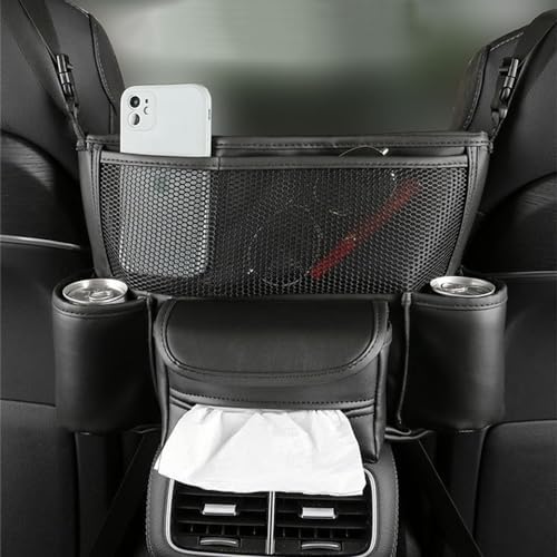 Car Handbag Holder Between Seats, PU Leather Large Capacity Car Purse Holder for Front Seat, Seat Back Net Bag Double-sided Tissue Storage Handbag Holder Car Accessories (Black)