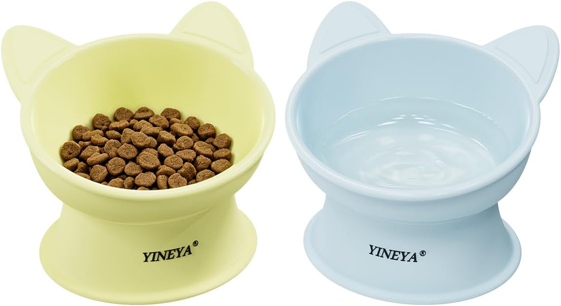 YINEYA Elevated Cat Bowls 2 Pcs, Cat Food Bowl to Protect Neck & Anti-Vomit, Whisker-Friendly Raised Food and Water Bowls Set for Indoor Cats/Small Dogs, Cute Pet Feeding Bowl 6 OZ Each, Yellow & Blue