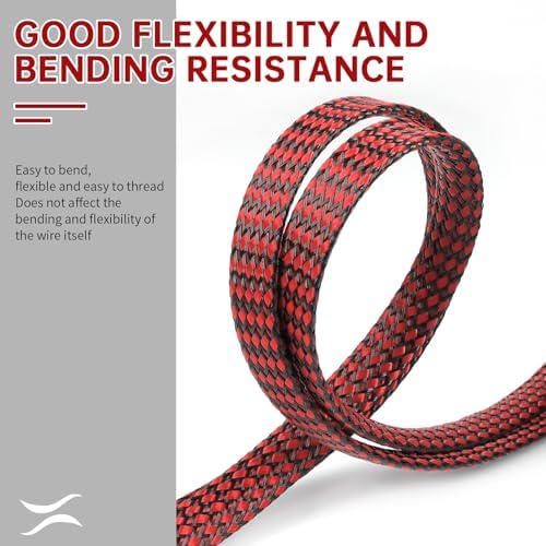 Expandable Braided Cable Sleeve, PP Yarn + PET Braided Expandable Sleeving Cable Management Protection High Density PET Wire Cover Sheath for Cables (Red Black, 12mm-19ft)