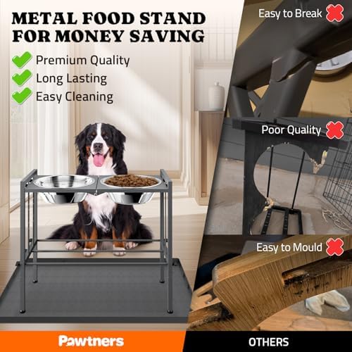 Pawtners Elevated Dog Bowl for Large Breed, Adjustable Feeder with Mat