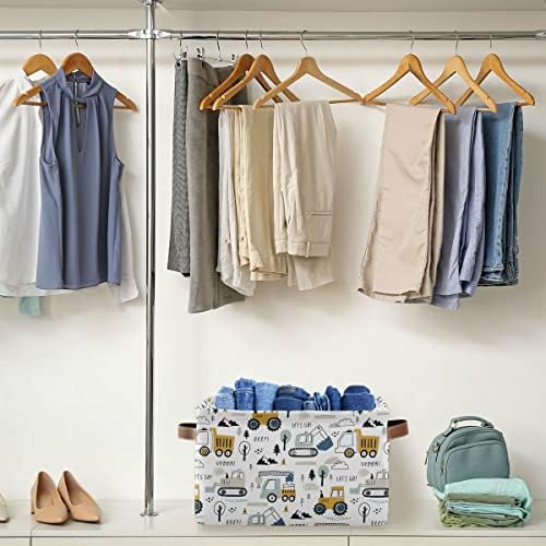 Wamika Excavator Truck Toy Storage Basket Fabric Kitchen Baskets Cars Boys Toys Open Home Storage Bins Boxes Foldable Organizer Bag for Baby Cloth Book Shelf Closet Baskets 16×12×8 Inches
