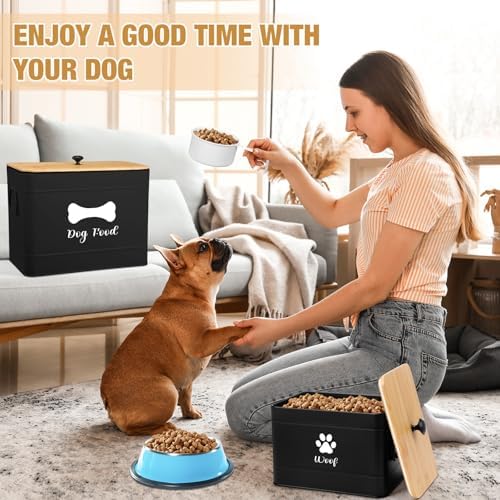 Newtay 2Pcs Extra Large Metal Dog Food Containers Airtight 12 & 3.5 Lbs Dog Treat Snack Jars Set of 2 with Bamboo Lids and Spoons Farmhouse Big Pet Cookie Storage Jars for Kitchen Counter Gift(Black)