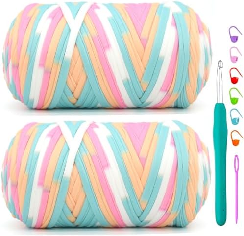 2 Pack Tshirt Yarn for Crochet,Rainbow T Shirt Soft Elastic Fabric Chunky Thick T-Shirt Crochet Yarn for Crocheting Knitting Beginner Hand Knitting Bag/DIY Craft/Home Decor 2 * 400G-Candy