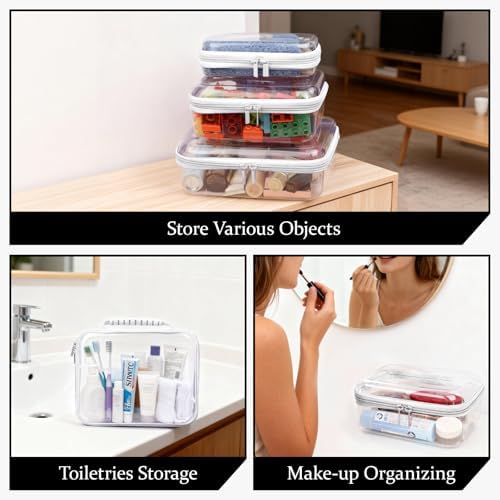 3 PCS Clear Zipper Pouches with Handle, Diaper Bag Organizer, Clear Makeup Bags Hardshell Toy Storage Bins with Zipper Toiletry Pouch Bag for Cosmetics Pencils Puzzles, Building Blocks(White)