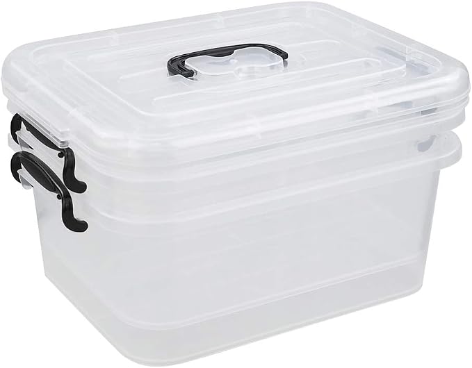 8 L Plastic Storage Boxes, Clear Storage Bin with Handle, 2-Pack | Secure Side Buckle Latches, Dustproof Lid, Clear Visible Body, for Home Office Storage