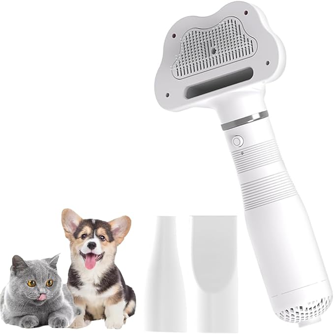Dog Hair Dryer, 3-in-1 Cat Blow Dryer with Slicker Brush, 600W Pet Hair Dryer for Small and Medium-Sized Dogs and Cats, Dog Grooming Dryer Portable ＆ Adjustable Temperature,
