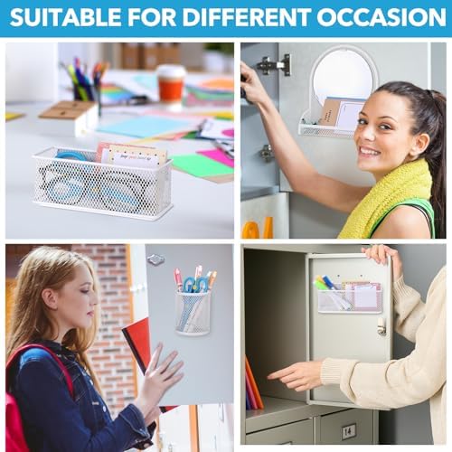 Weysat Set of 5 Magnetic Locker Accessories Mirror with 2 Magnetic Pen Holder and 2 Wire Mesh Storage Basket for Students Back to School Locker Organizer for School Office(White)