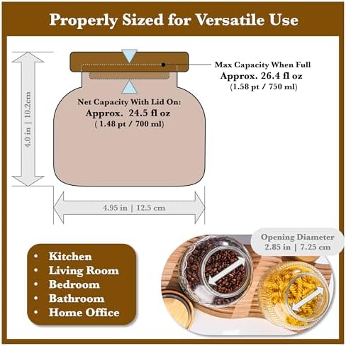 Decorative Amber Embossed Glass Jar with Airtight Wooden Lid, 25.4 fl. oz | Wide mouth vintage storage canister, kitchen pantry bathroom organization, coffee sugar tea cookie candy candle vase gift