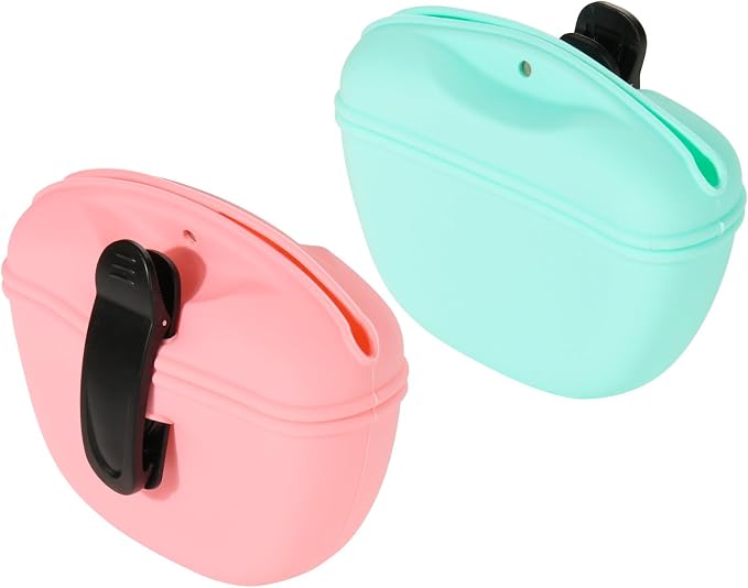 Cosmos 2 Pcs Pet Treat Bag Dog Training Pouch Silicone Portable Pet Training Container Dog Treat Holder with Buckle Closure and Waist Clip Dog Treat Pouches for Pet Training (Pink & Cyan)