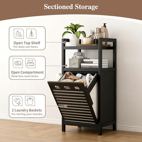 VASMIA Tilt Out Laundry Hamper,Bamboo Laundry Storage Cabinet with Shelf,10 Gal Hidden Laundry Basket Organizer for Bathroom,Laundry Room,Black