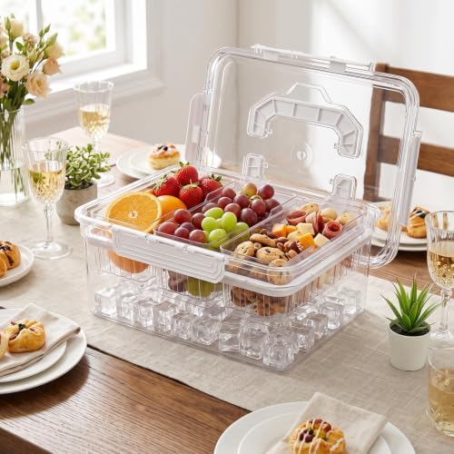 VECELO Bread Box with Slicer & Ice‑Chilled Condiment Caddy, Portable Airtight Bread Storage Container with Lid & Handle for Kitchen Counter, White Cookies,White