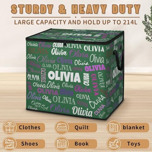 Personalized Storage Bags with Lid Large Blanket Clothes Organization and Storage Containers for Comforters,Bedding, Foldable Organizer with Reinforced Handle, Deep Froest Green