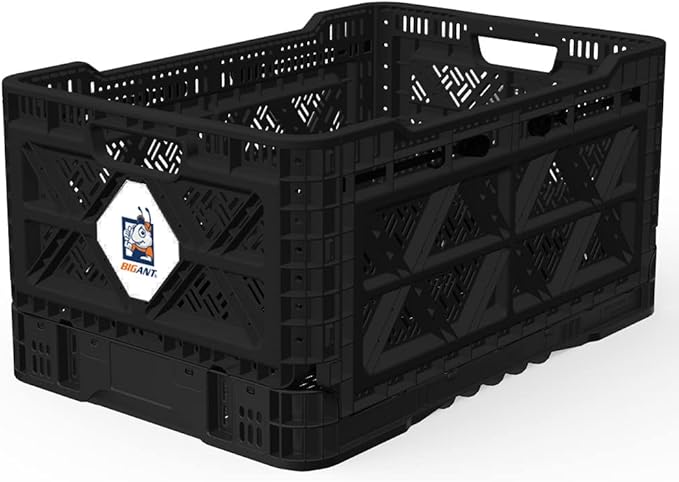 Bigant Heavy Duty Collapsible & Stackable Plastic Milk Crate - Snap Lock Foldable Industrial Garage Storage Bin Container Utility Tote Basket (Black, 1 Medium Crate)