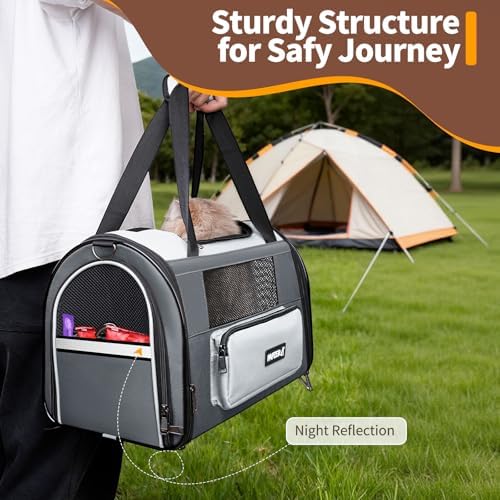 Collapsible Small Pet Carrier for Cat 15 lbs with Fashion Pocket Travel Bag | Lightweight Sturdy Little Puppy Dog Carry Crate, Breathable Stylish Kitten Soft Cage Kennel, Portable Yorkie Box Grey