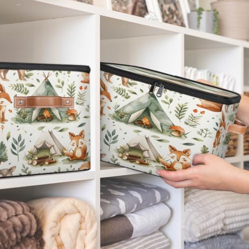 Cute Squirrels Storage Box with Zipper Lid | Collapsible, Fabric, Storage Bin, Handle, Large, Closet Organizer, Containers, Bedroom, Home, Forest Animals