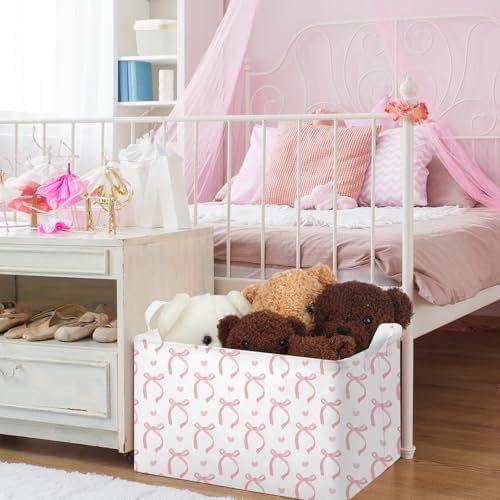 Chunful 4 Pcs Coqutte Pink Bow Storage Baskets Cute Preppy Pink Hamper Storage Bins Foldable Laundry Baskets with Handle Collapsible Organizer for Home Bathroom, Offices, Bedrooms