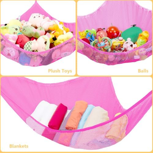 Stuffed Animal Hammock, Jumbo Stuffed Animal Toy Net Hammock Wall Sling Corner Extra Large Mesh Plush Net Organizer (Pink 2 Pack, 83 inch)